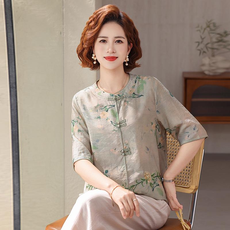 

2026 New Style High-End Chiffon Mid-Sleeve Summer Top for Moms: Elegant Thin Design for Middle-Aged and Elderly Women L (recommended 80-100 jin) зелений