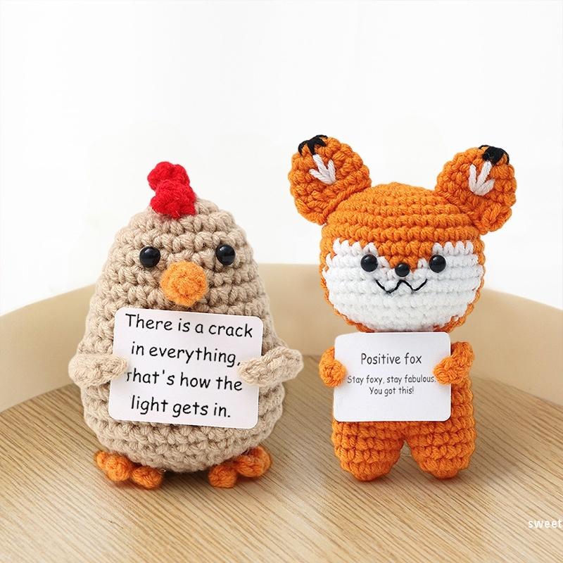 Funny Crochet Animal With Positive Card Ornament Handmade Knitted Ducks Fox Sheep Turtle Desk Figurine Creative Crochet Gift