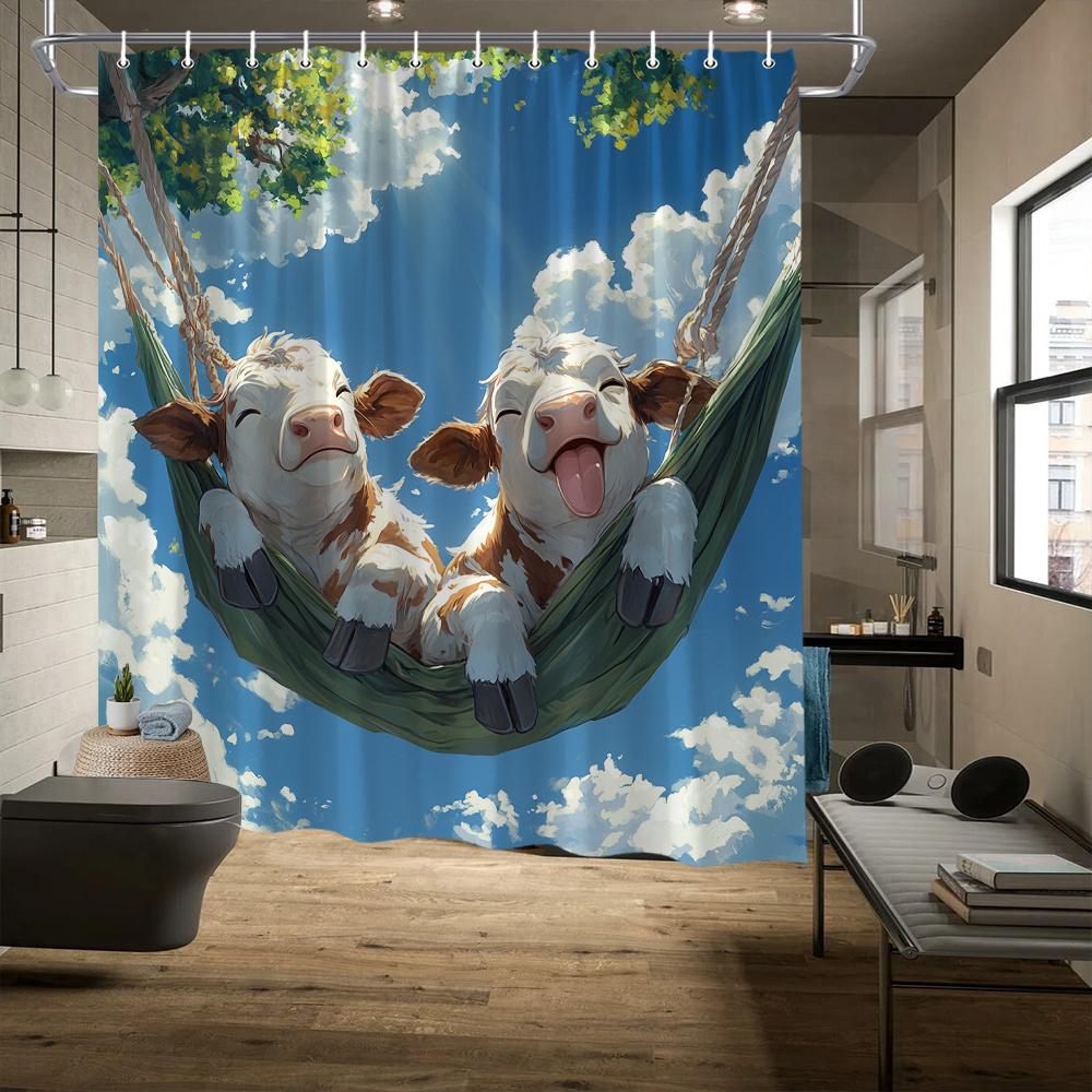 

Joyful Little Cow Hammock Shower Curtain- Lively Little Cow on a Green Hammock with Blue Sky and White Clouds, 72x72inch Durable 90x180cm35x71in