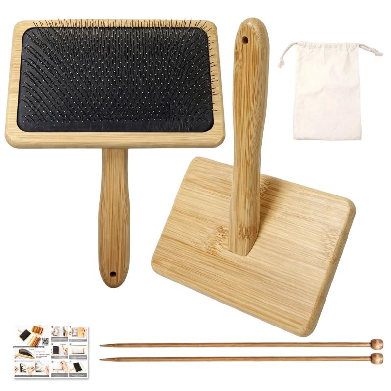 Wool Carding Brush Set with Wooden Handle, Dense Metal Bristles, 4.0MM Knitting Needle and Storage Pouch for Fiber Craft Project