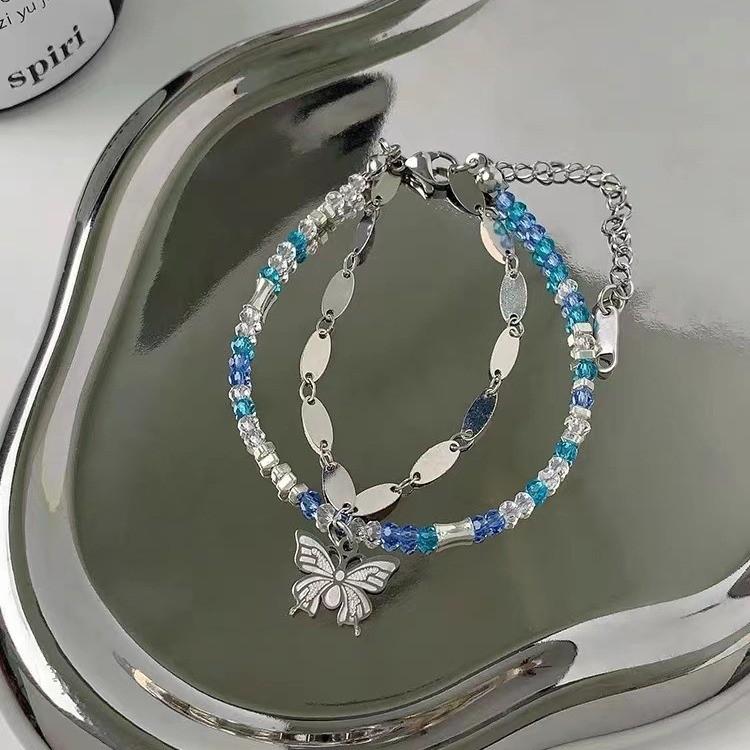 Stylish Double Layer Butterfly Bracelet For Women With Blue Crystal Beads
