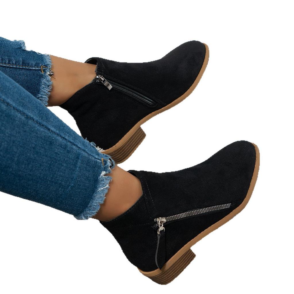 2025 New Arrival Plus Size Pointed Toe Low Heel Side Zipper Fashion Boots Women's Reverse Leather Low-Cut Fashion Short Boots