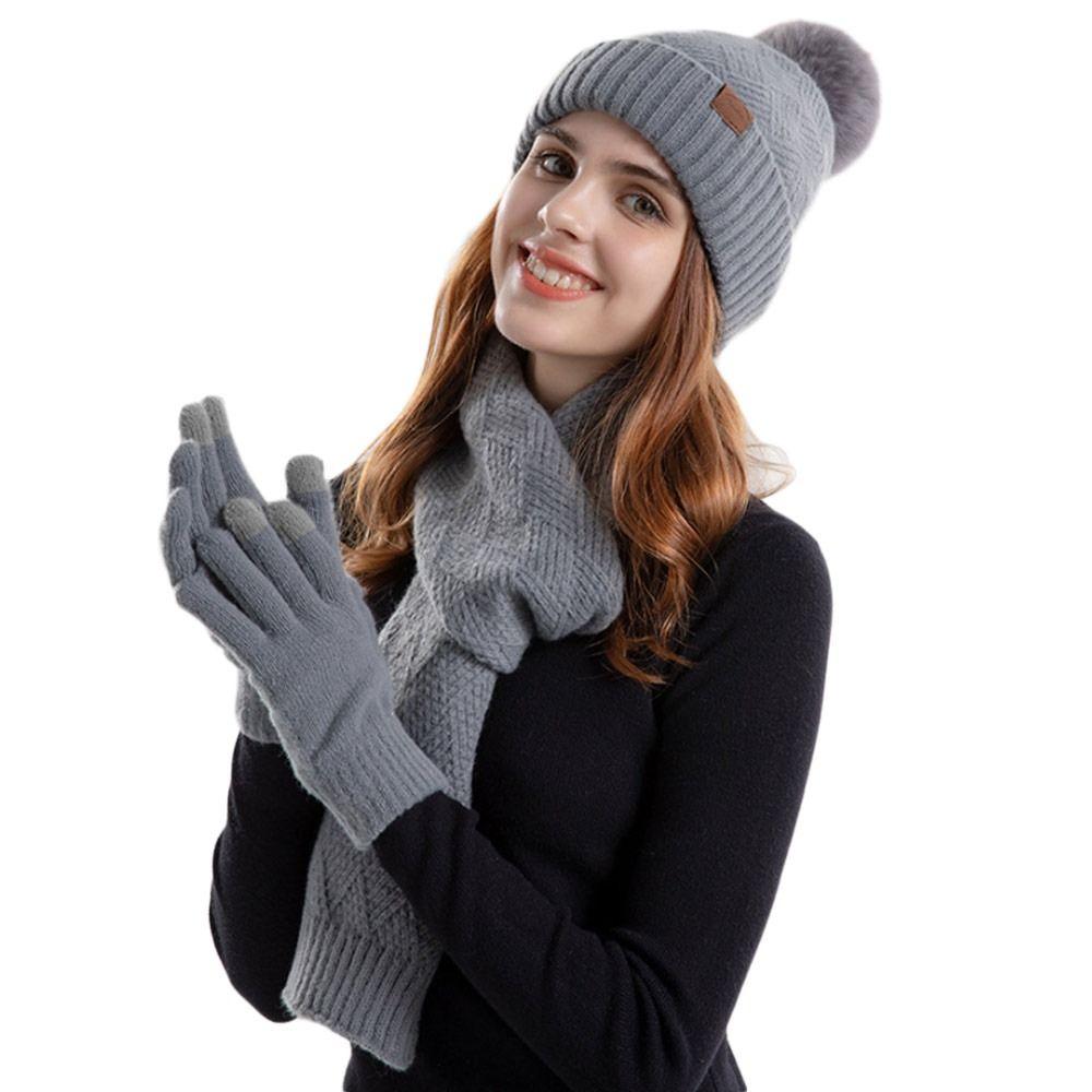 3Pcs/Set Neck Protection Knitted Hat Touchscreen Beanies Hat Winter Scarf Cap  Men Women