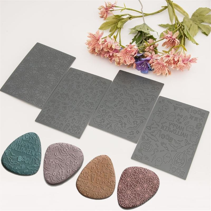 4x/Set Halloween Embossings Mats Fondant Impressions Mats Baking Molds Cake Decorating Tool for Fondant Cake Decorations