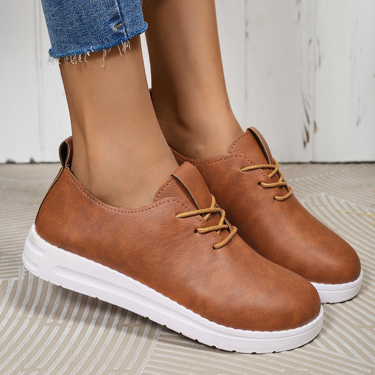 

Модная новая весенне-осенняя кожаная женская обувь однотонная с круглым носком на шнуровке спереди удобные женские повседневные кроссовки размер 36-42 37 коричневый