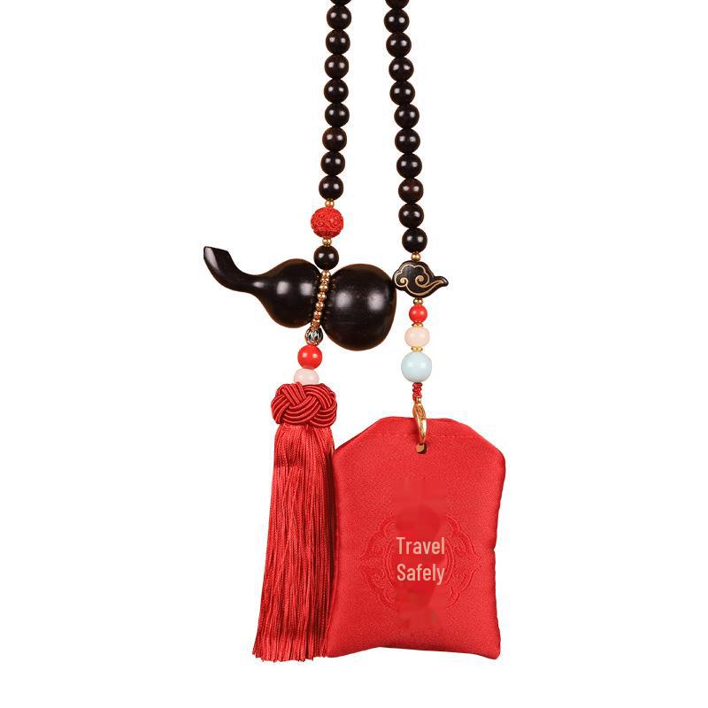 "Chinese Sandalwood Fortune Gourd Car Pendant for Safe Travel - High-End Car Accessory for Men and Women"