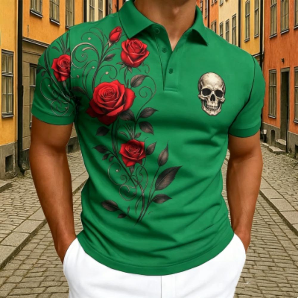 Fashion Skull Red Rose Floral Print Polo Shirt Men's Outdoor Street Short Sleeve Tees Top Summer Home Casual T-shirt Men's and Women's Polo Shirt