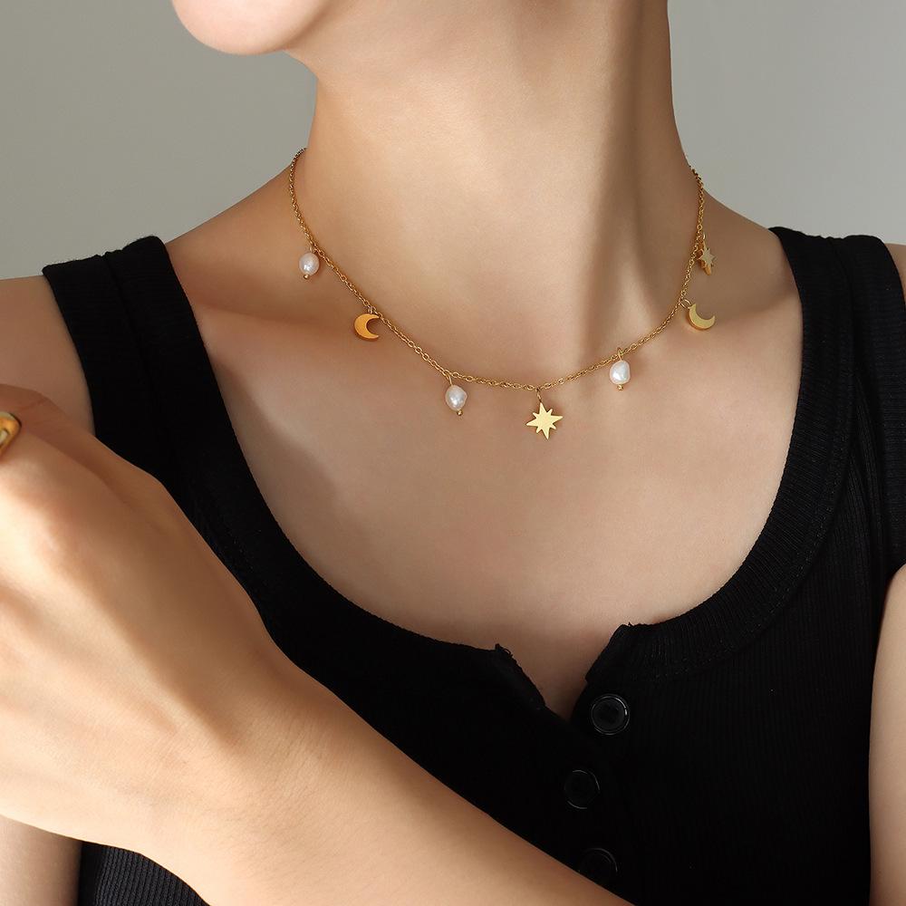 Star & Moon Freshwater Pearl Tassel Necklace - European & American Style, Women s Niche Light Luxury Design.