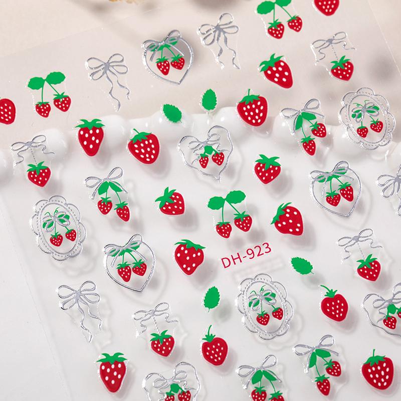 Fresh Sweet Fruits Strawberry Cherry Bowknot Love Heart Bow 5D Nail Art Stickers Self Adhesive Decorations Nail Manicure Decal