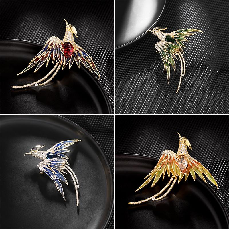 Luxury Copper Micro Inlaid Cubic Zirconia Chinese Style Phoenix Brooch Suit Clothing Accessories