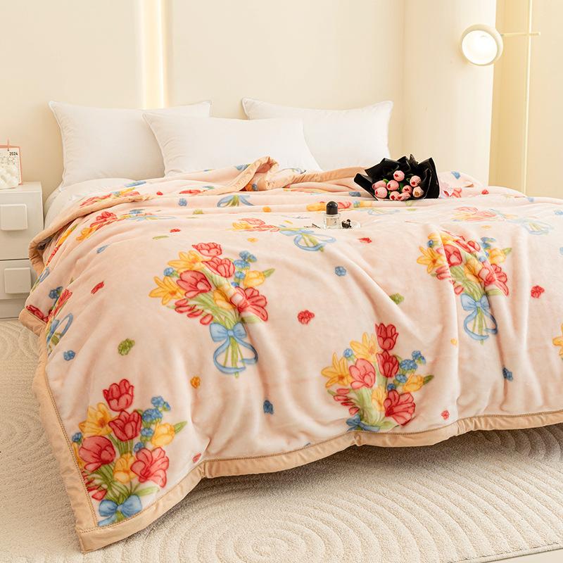 High Quality Warm Floral Printed Blanket Cozy Double-Layer Thick Sofa Blanket for Home Flannel Bed Sheets for Autumn and Winter
