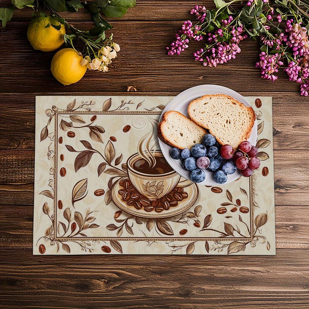 4pcs Linen Placemats Set, Coffee Theme Table Mats for Kitchen and Dining Room Decor, Suitable for Family Gatherings Dinner Table Decoration, Hotel