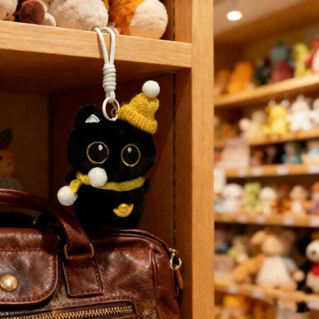 Small Plush Black Cat Pendant Keychain - Cute Christmas Gift Bag Charm
