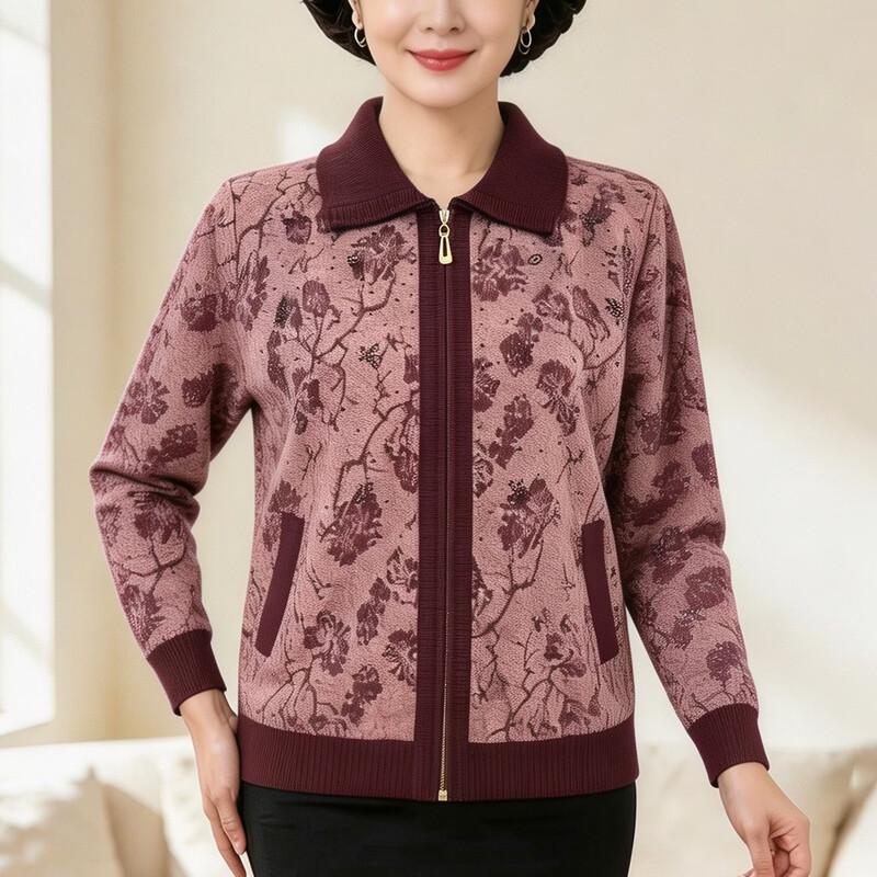 Yuzhaolin Elderly Women's Autumn Knit Zipper Cardigan
