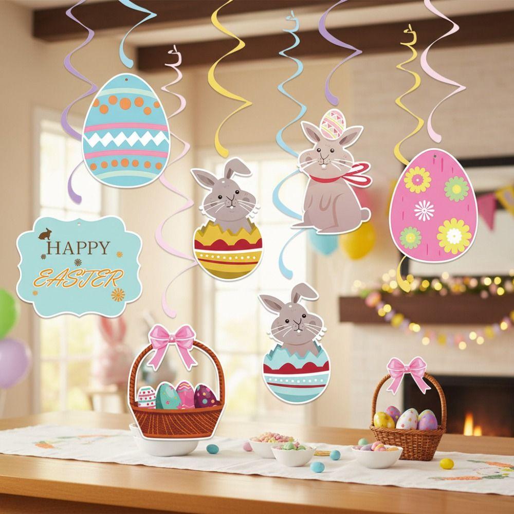 DIY Easter Party Decorations Cartoon Bunny Colorful Hanging Ornaments PVC Easter Egg Swirl Banner for 8pcs Festive Decorations