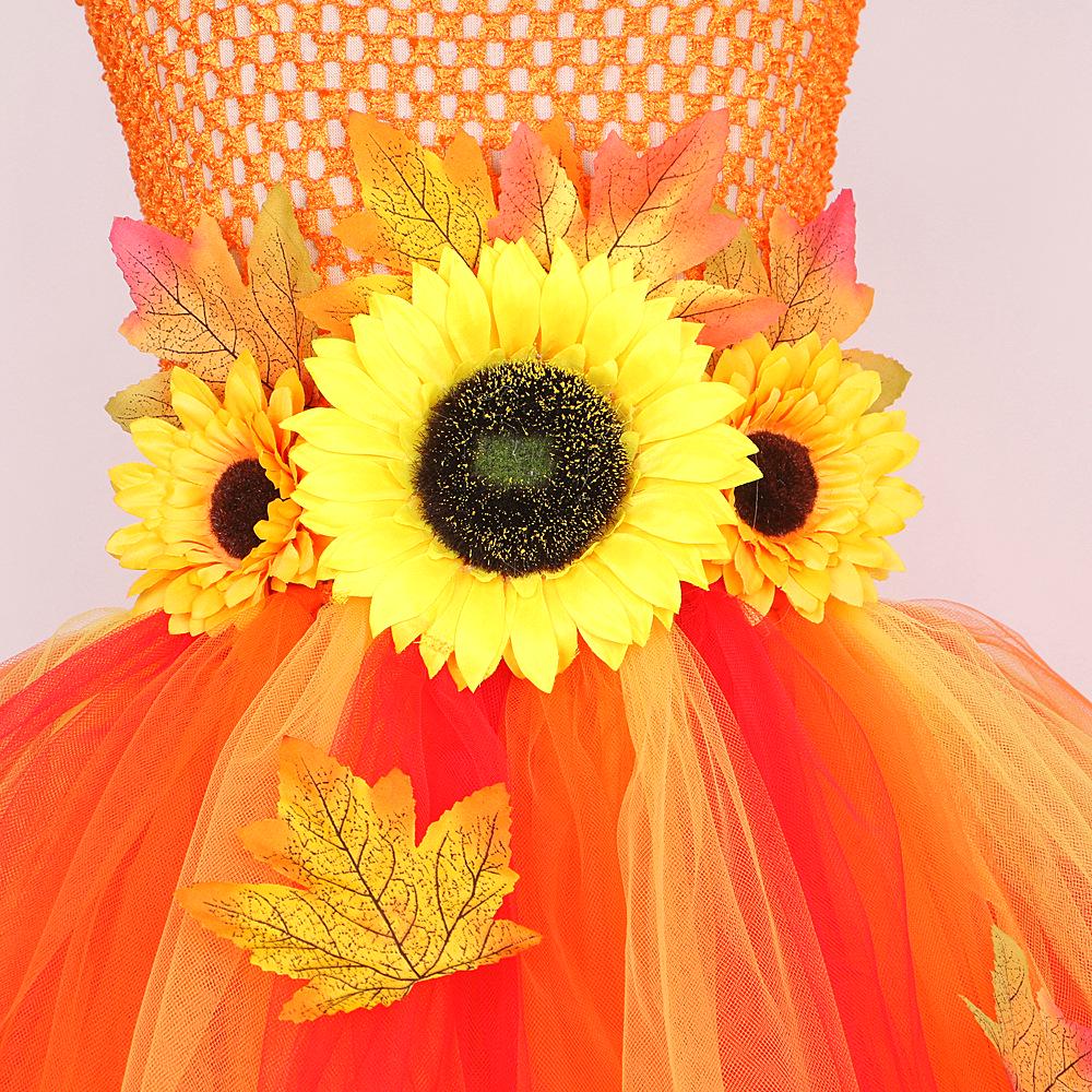 Autumn Leaf Sunflower Girl's Fairy Princess Dress with Long Fluffy Skirt