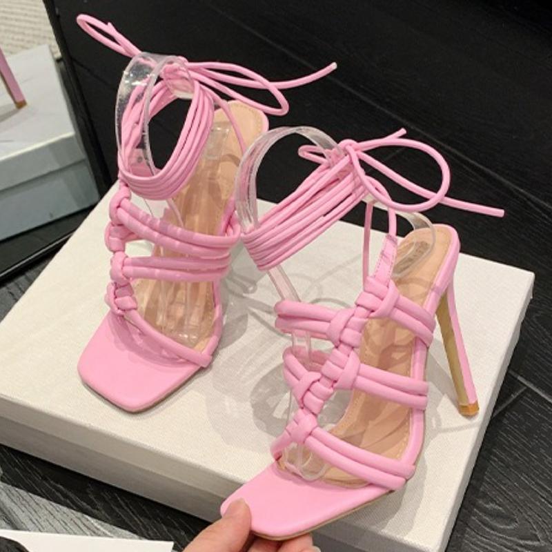 Fashion Luxury Rhinestone Hollow Slide Sandals Women Summer Cross Tied Thin High Heel Roman Sandals Sexy Banquet 42 Plus Size Dress Shoe