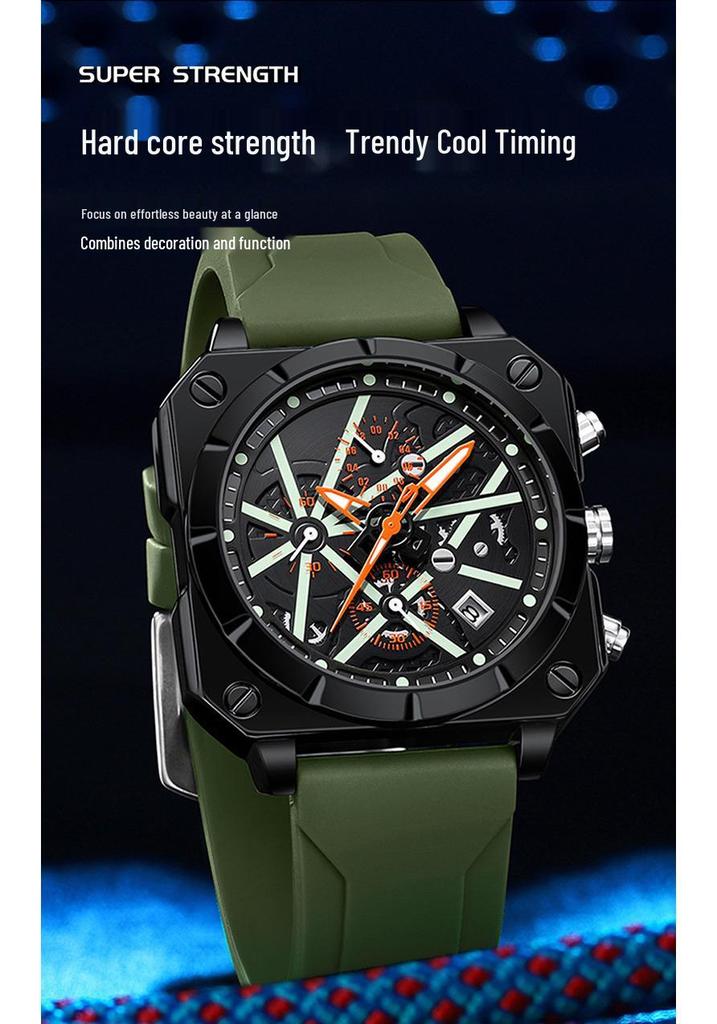 OFNS Men's Six-Needle Chronograph Quartz Watch with Luminous Bar Markers, Square Face, Waterproof, and Calendar.