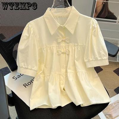 Bubble Sleeve Chic French Shirt for Women Summer Short Sleeve Single Breasted Turn-down Collar Solid Tops