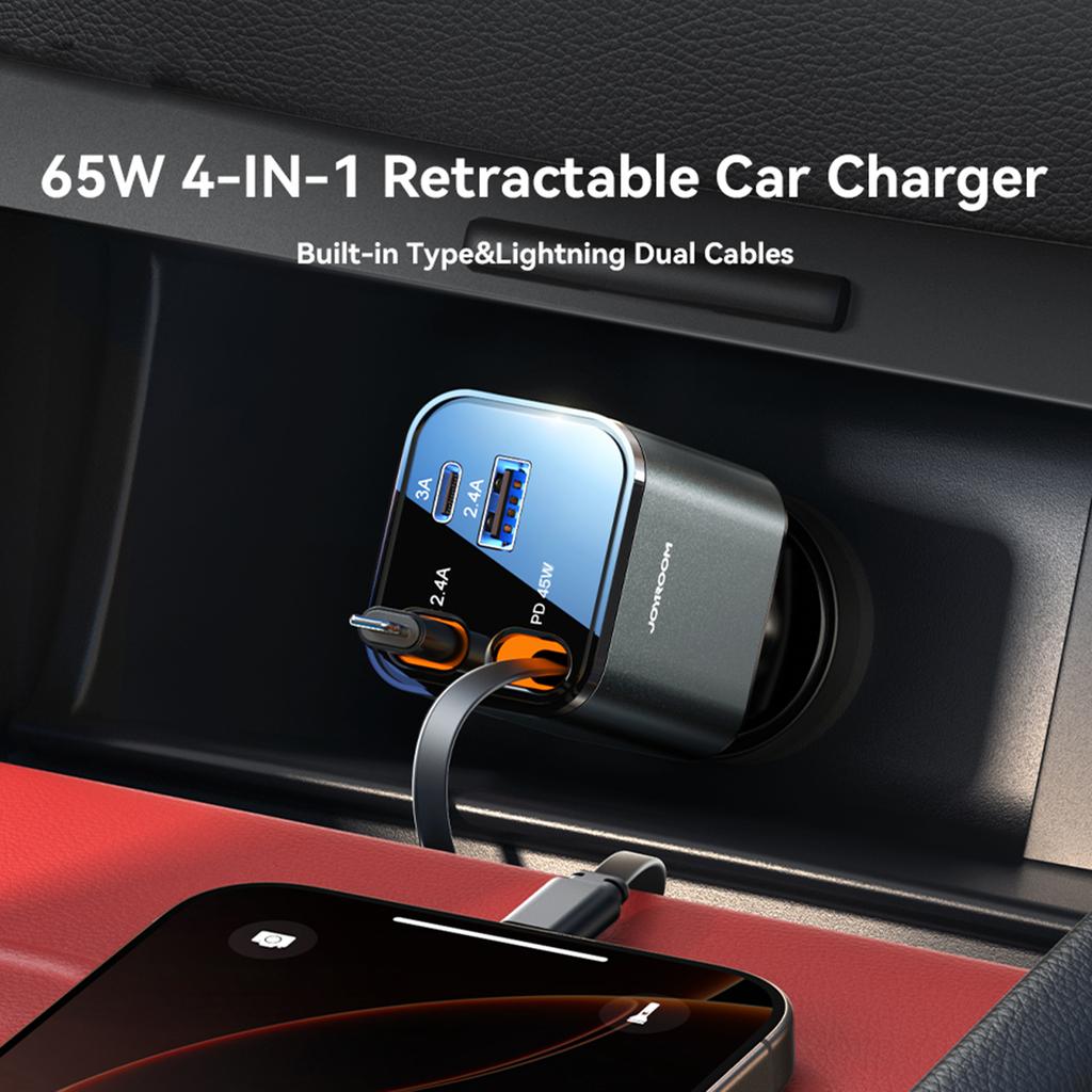 JOYROOM CCL05 4 in 1 Car Charger with 65W Fast Charging Retractable Dual Cables
