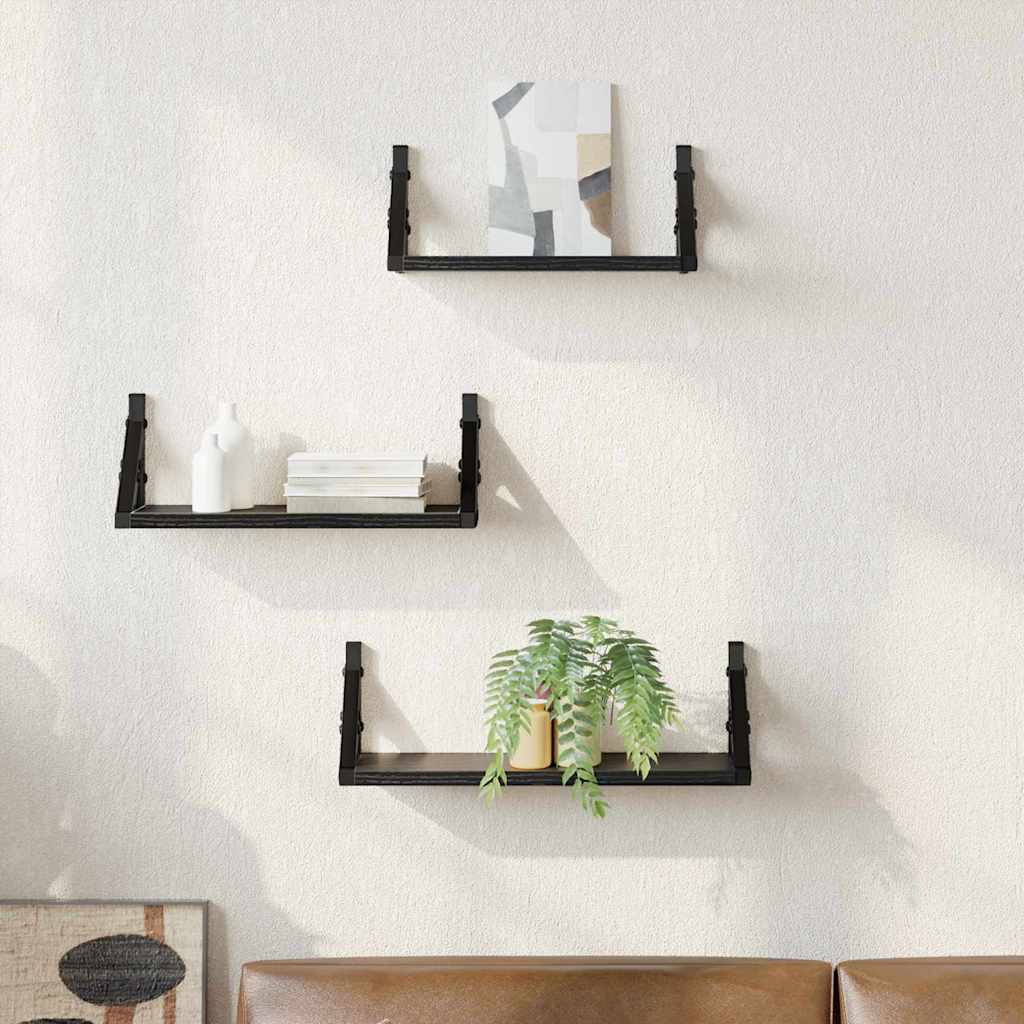 Wall Mounted Shelf System with Storage 3 pcs Black Oak Effect