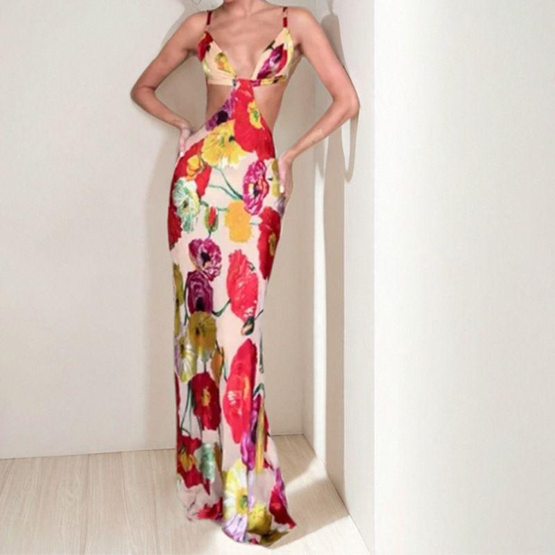 Cross-Border 2025 Spring New European and American Women Clothes Floral Fashion Sexy Slim Fit Sheath Sling Long Dress Dress Women