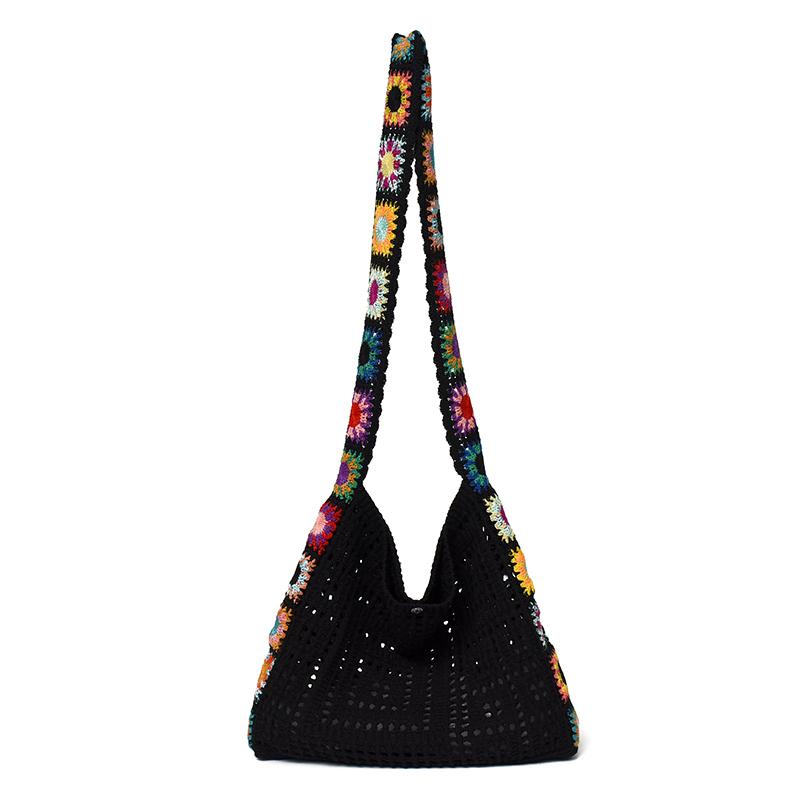 Vintage Hollow Crochet Shoulder Bag – Women's Knit Hobo Bag with Floral Embroidered Strap – Large Casual Tote for Beach Commute
