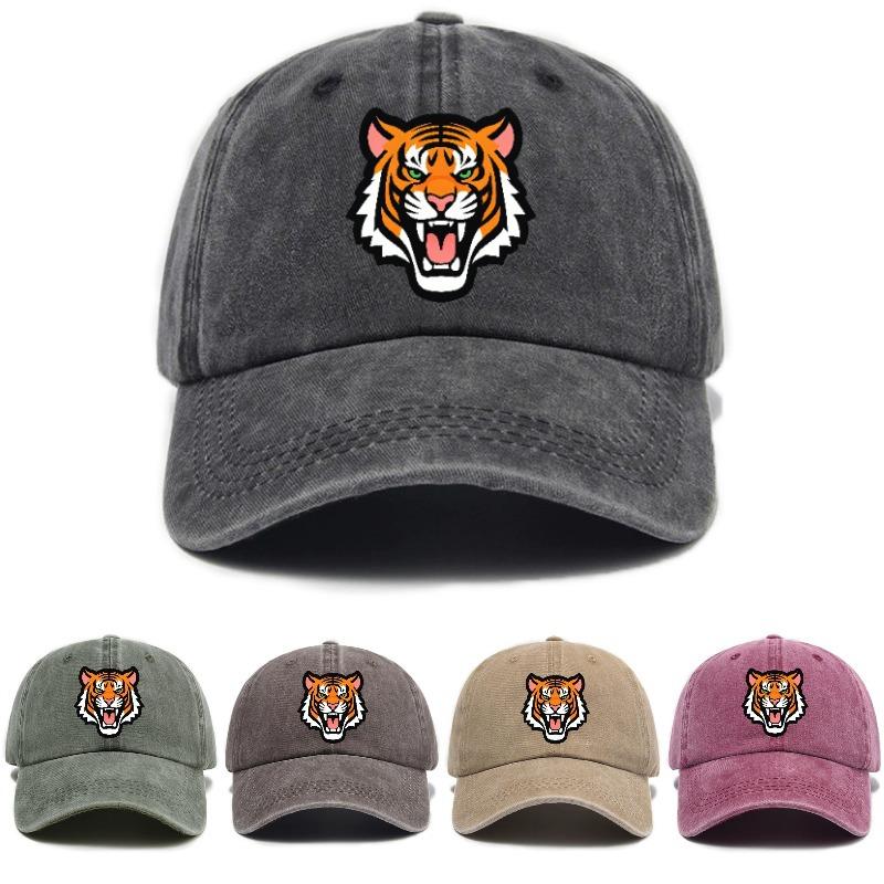 Big tiger print washed and distressed soft top visor baseball cap unisex trendy retro hat