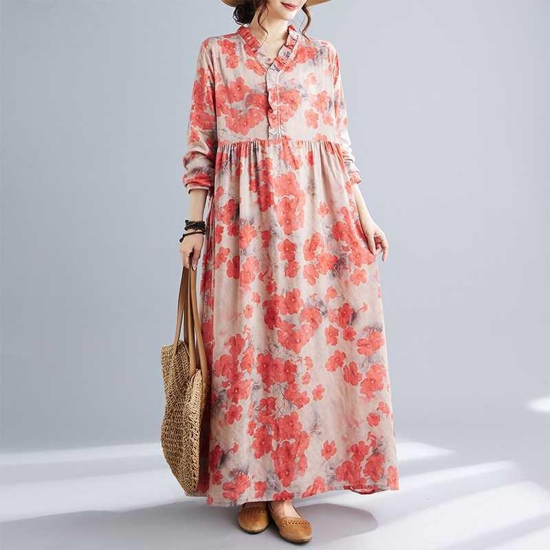 New Retro Printed Loose Belly Shading Mulle Lace Long Sleeve Dresses