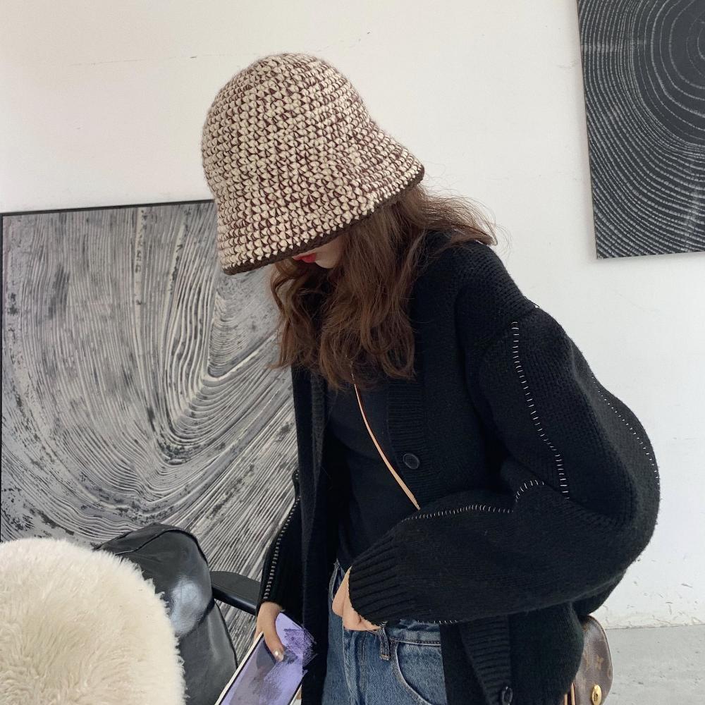

Harajuku Striped Ethnic style Bohemian Knitting Bucket Hat Female Hats Korean Style Caps Wool Hat