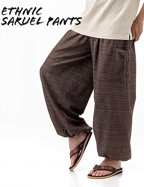 [ZAIDEA] Relaxed Fit, Figure-Flattering, Ethnic Cotton Sarouel Pants, Elastic Waist, Easy Pants, Men's & Women's, Unisex, Loungewear, One Size Fits Al