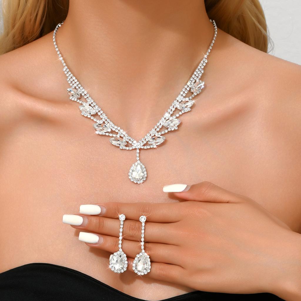 3PC Women's Trendy Claw Chain Series Water Drop Necklace Earrings Zircon Set Wedding Banquet Party Holiday Gift