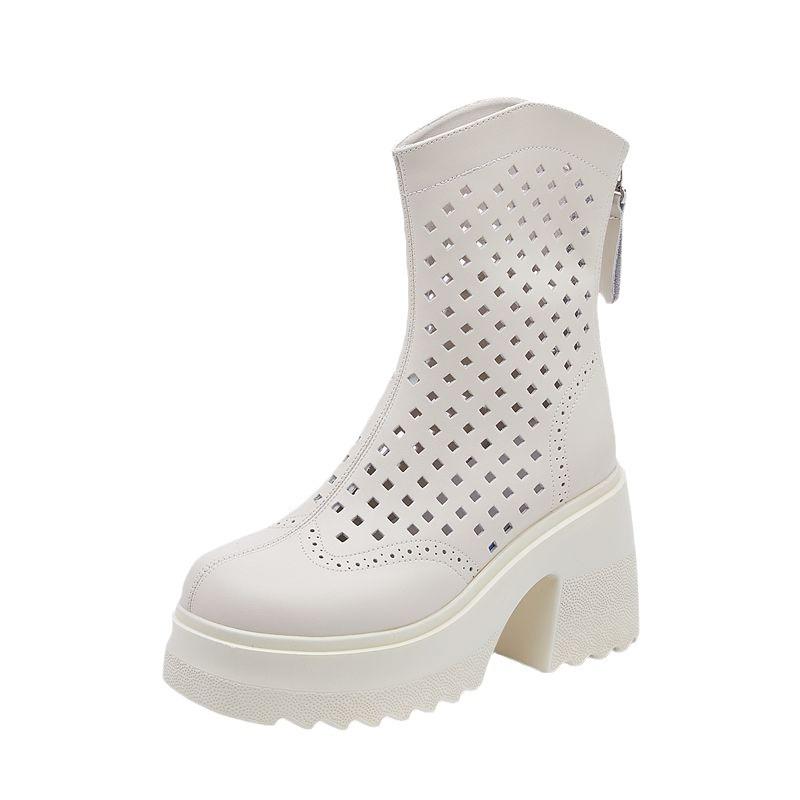 Fashion 10CM Thick High Heels Women Summer Ankle Boots Microfiber Leather Ladies Hollow Short Boot Shoes Woman Basic Booties