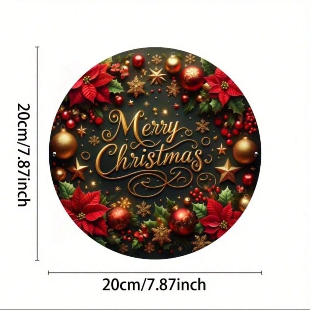 8" Round Cozy Christmas Wreath Metal Sign, Festive Tin Plate Holiday Wall Decor For Home Living Room Kitchen