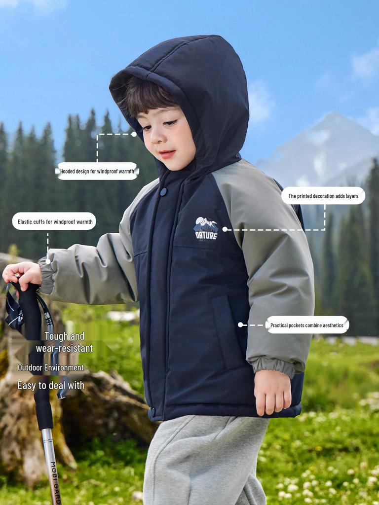 2025 New Boys' Thickened Hooded Cotton Jacket - European Winter Style with Contrasting Colors for Toddlers and Children