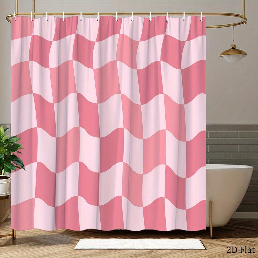 Modern Geometric Shower Curtain Pink and White Wavy Checkered Design Stylish Bath Curtain for Girls’ Room and Contemporary Decor