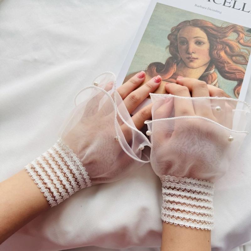 Elegant Lace Wrist Cuffs Breathable Mesh Gloves Pearls Beaded Layered Fake Sleeves For Women Fashion Sweater Accessories