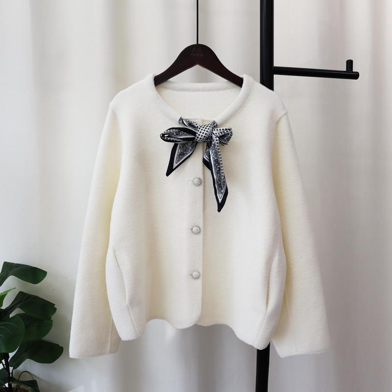 Autumn and Winter New Silk Scarf Lace-up Knitted Double-sided Woolen Cardigan Temperament High-end Sweater Jacket Women