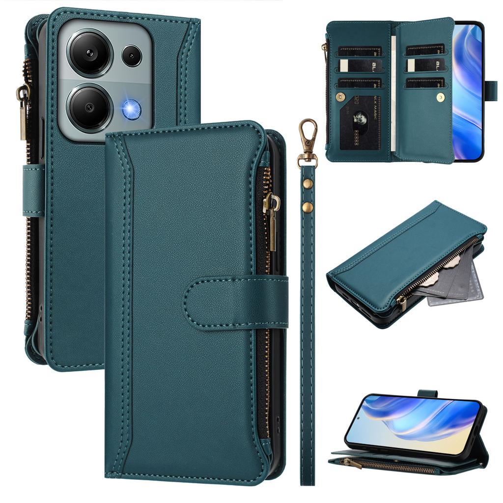 For Xiaomi Poco M6 Pro 4G/Xiaomi Redmi Note 13 Pro 4G Leather Case 9 Card Slots Zipper Wallet Stand Phone Cover with Wrist Strap