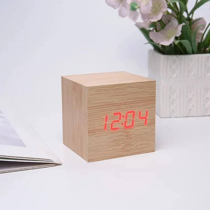 2024 Digital Alarm Clock Wooden Alarm Clock USB/Battery Powered, Mini Cube LED Digital Clock with Time/ Date/ Temperature Display