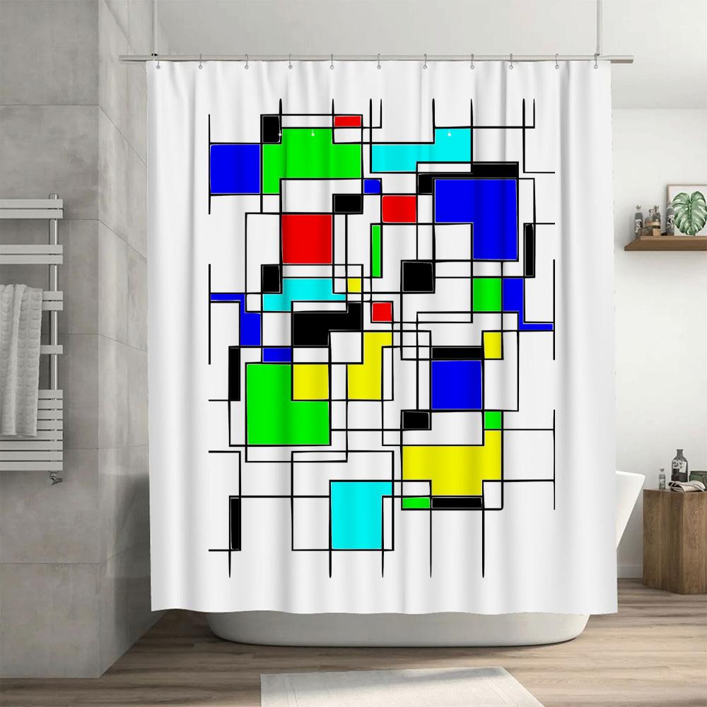 Modern Art Shower Curtain, Geometric Design with Blue, Green, Yellow, Black White Blocks Perfect for Bathroom Decor [Customizabl