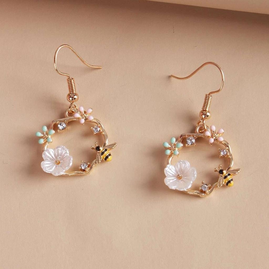 Silver Needle Bee Floral Earrings Korean Style Cute Bee Flower Ear Studs for Women