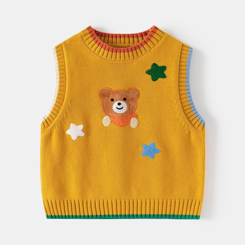 2024 Children's Cartoon Bear Sweater Vest - New Sleeveless Wool Pullover for Boys