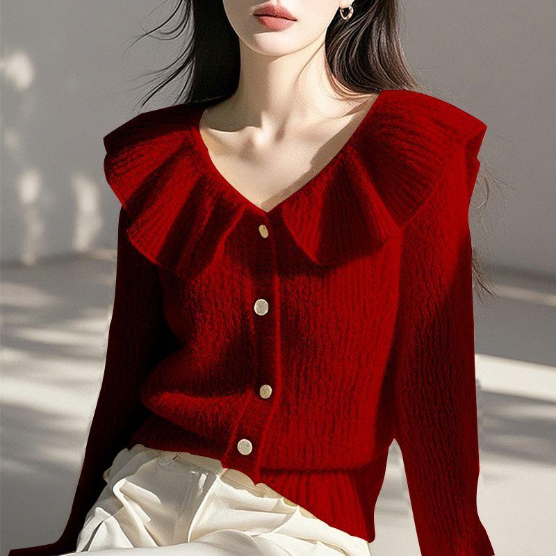 

Женский пуловер с длинным рукавом, модный топ, свитер с французским вырезом лодочкой, цветной, с рукавами-листьями лотоса S бордовый