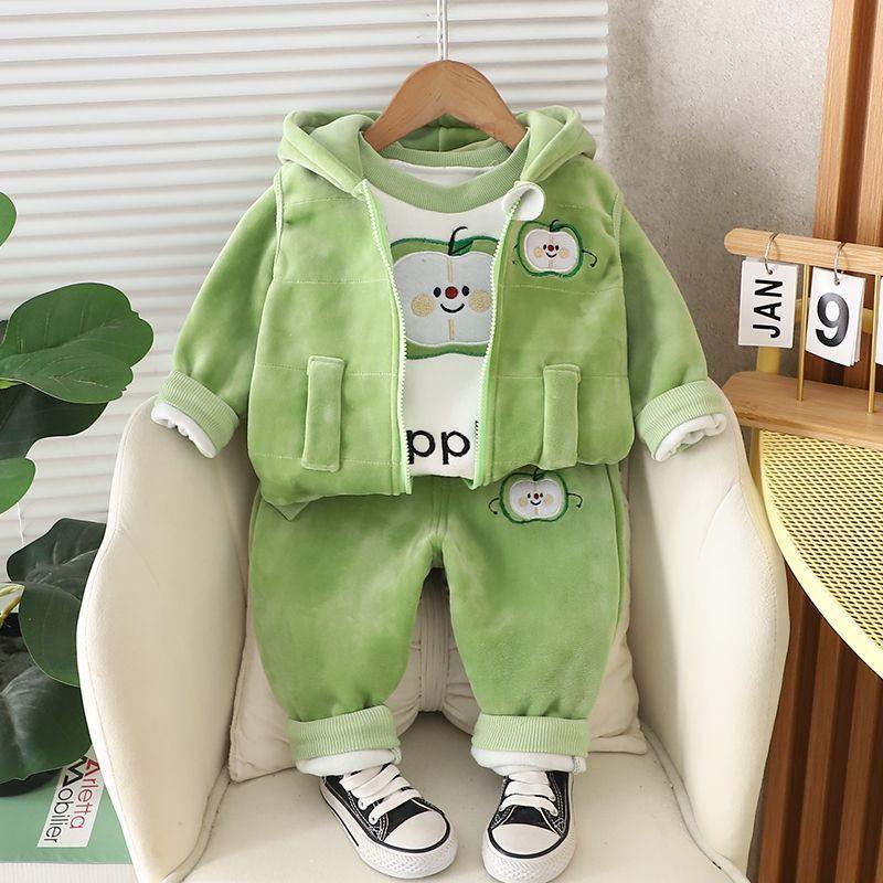 Baby Boys Clothing Set Autumn Winter Cartoon Thick Hooded Jacket Coat Pants 3Pc Suit for Kids Warm Outfits