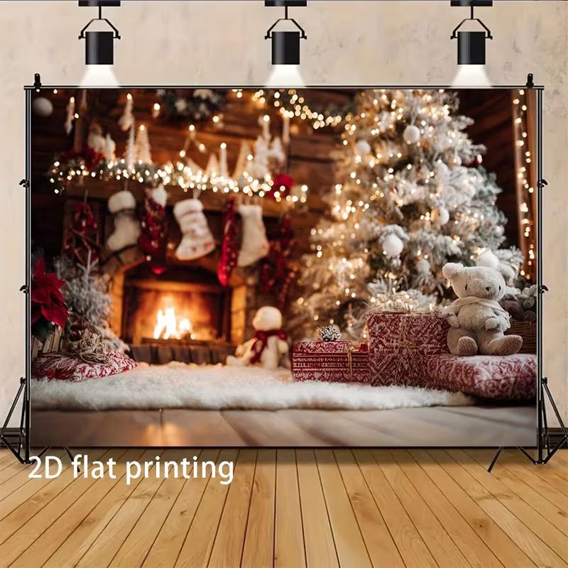 2D Cozy Fireplace Christmas Photography Backdrop, Rustic Cabin with Warm Fire & Holiday Decorations