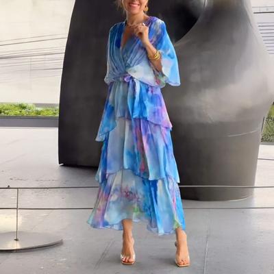 Rochie de vară din șifon pentru femei, imprimată, cu mâneci scurte, decolteu în V, rochie maxi fluidă, largă, cu volane stratificate, cu șireturi