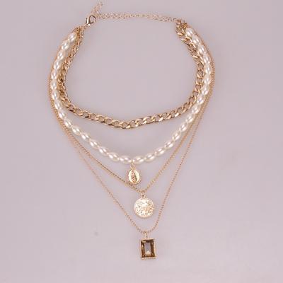 Women Fashion Retro Multi-layer Pearl Coin Gemstone Pendant Necklaces Mixed Necklace New Design Jewelry Gift