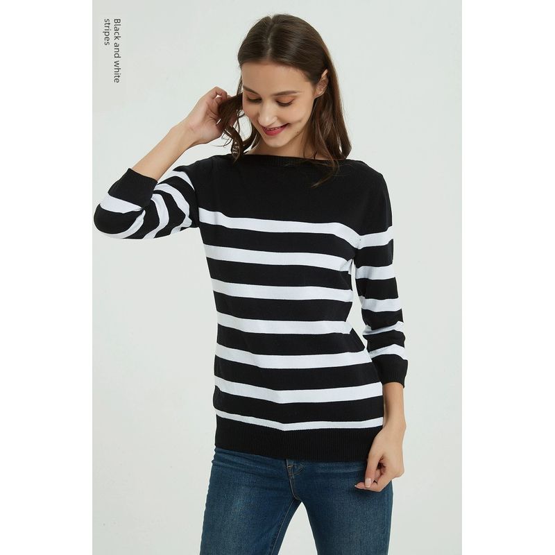 

Хлопок Эластичный Трикотаж Весна и Осень Базовая Одежда Модная Футболка Black and White 36/38