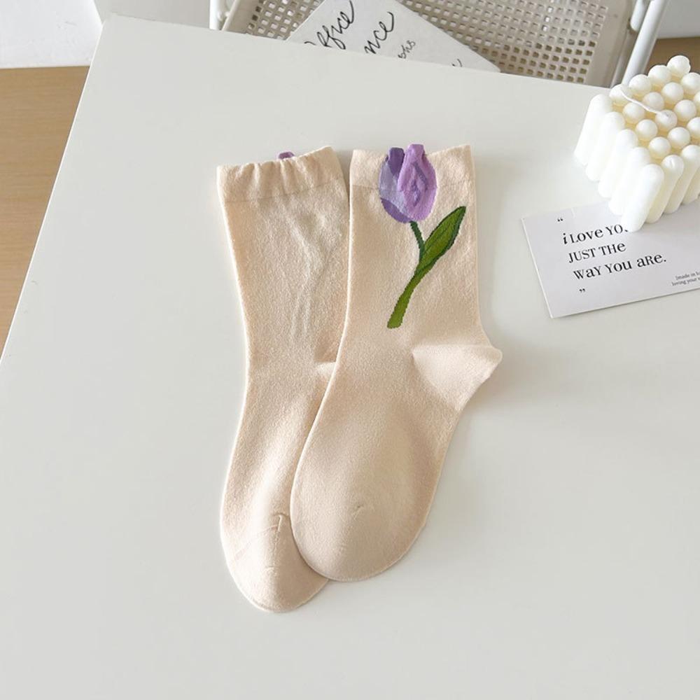 

Breathable Middle Tube Socks Tulip Floral Pattern Women Socks Comfortable Cotton Socks Summer бежевый